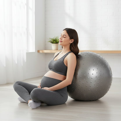 femme enceinte tenu sport en train de se masser ballon grossesse pvc