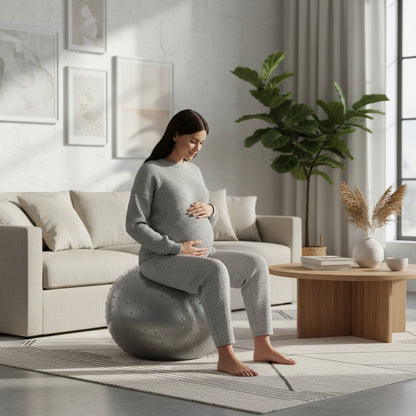 femme enciente assisse salon maison ballon grossesse gris pvc