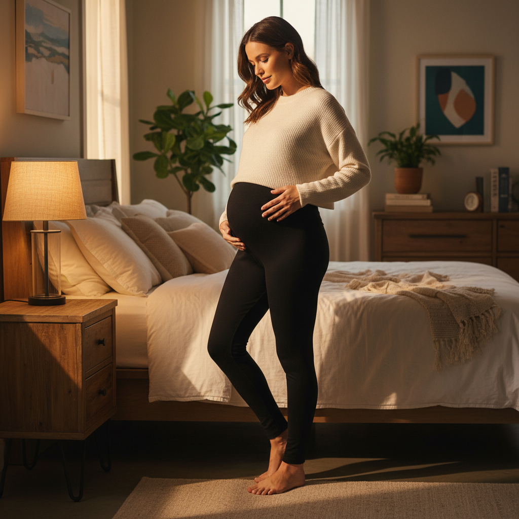 femme enciente dans une chambre avec chambre de lampe portant legging sport grossesse noir pause pour photo
