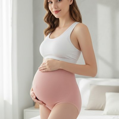 femme portant culotte grossesse​ rose mains sur le ventre