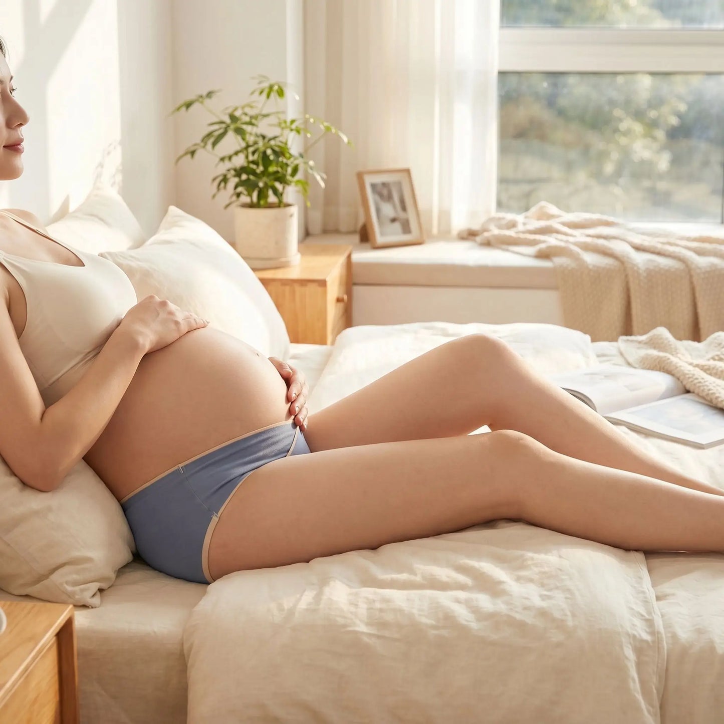 femme portant culottes de grossesse bleu sur le lit