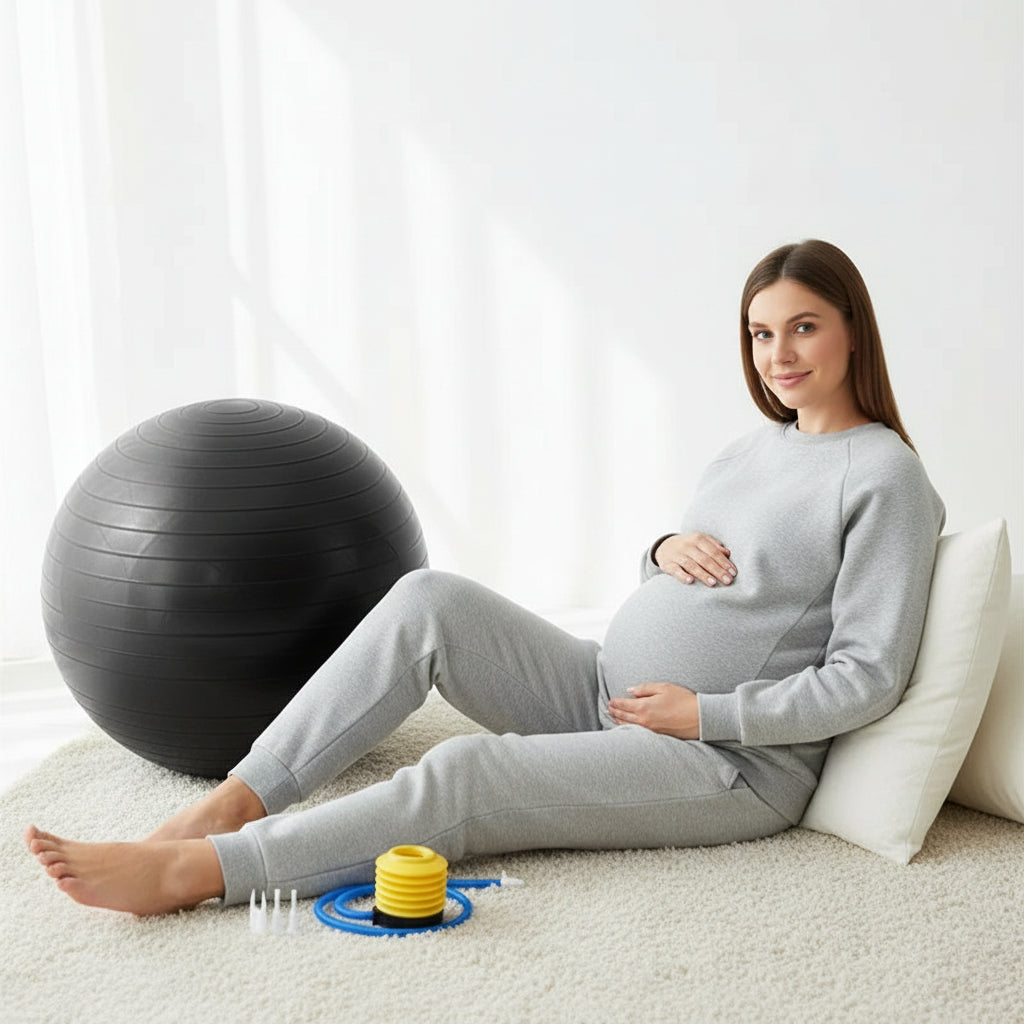 femme enceinte assisse pres ballon pour grossesse noir