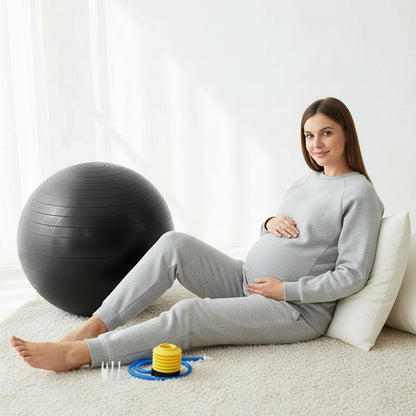 femme enceinte assisse pres ballon pour grossesse noir
