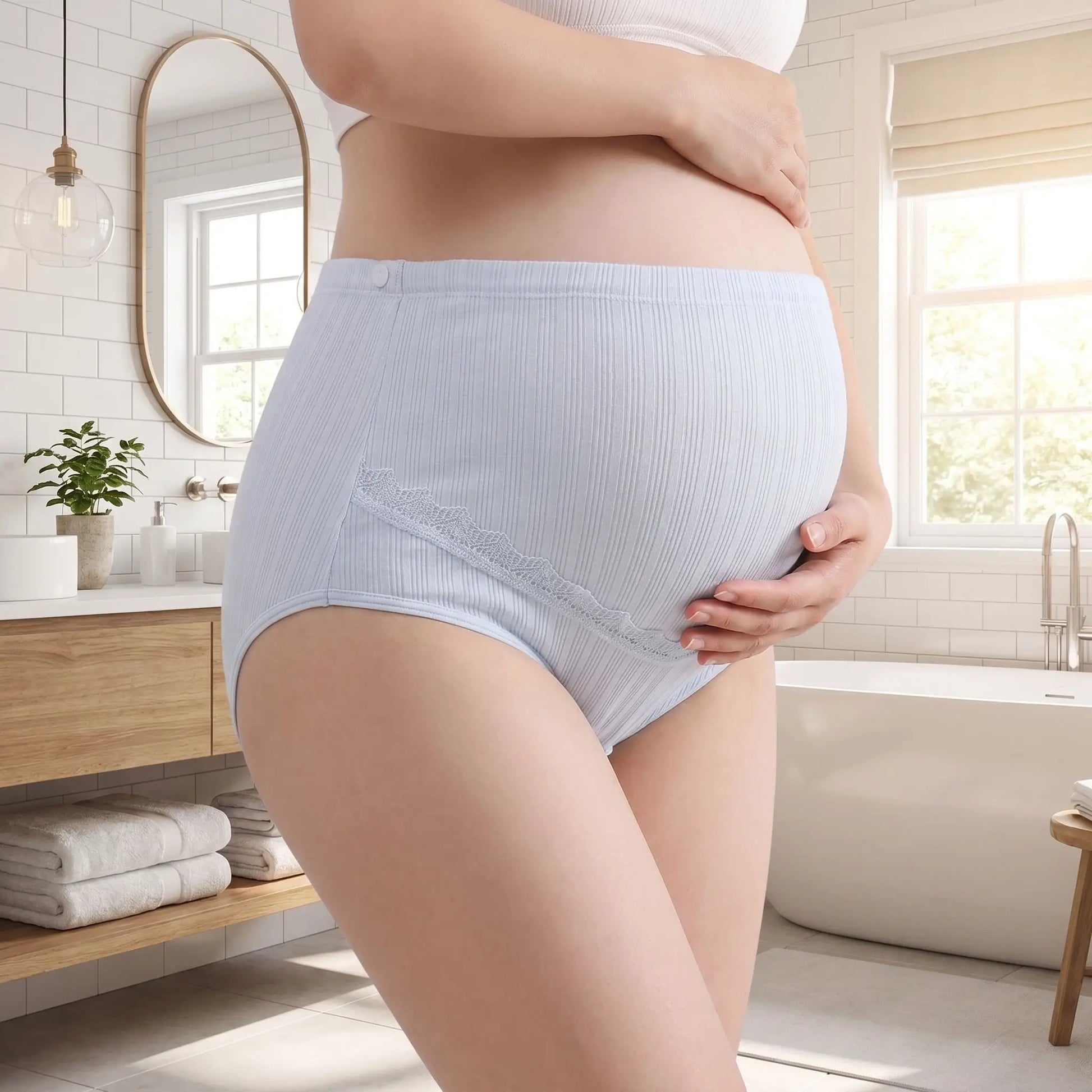 femme enceinte portant culotte grossesse coton dans salle bain