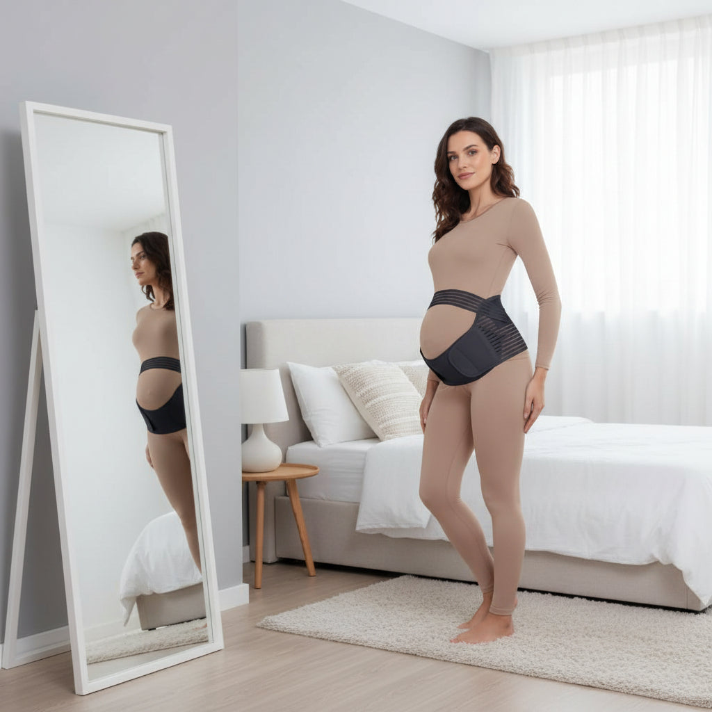 femme enceinte portant ceinture de grossesse noire dans chambre