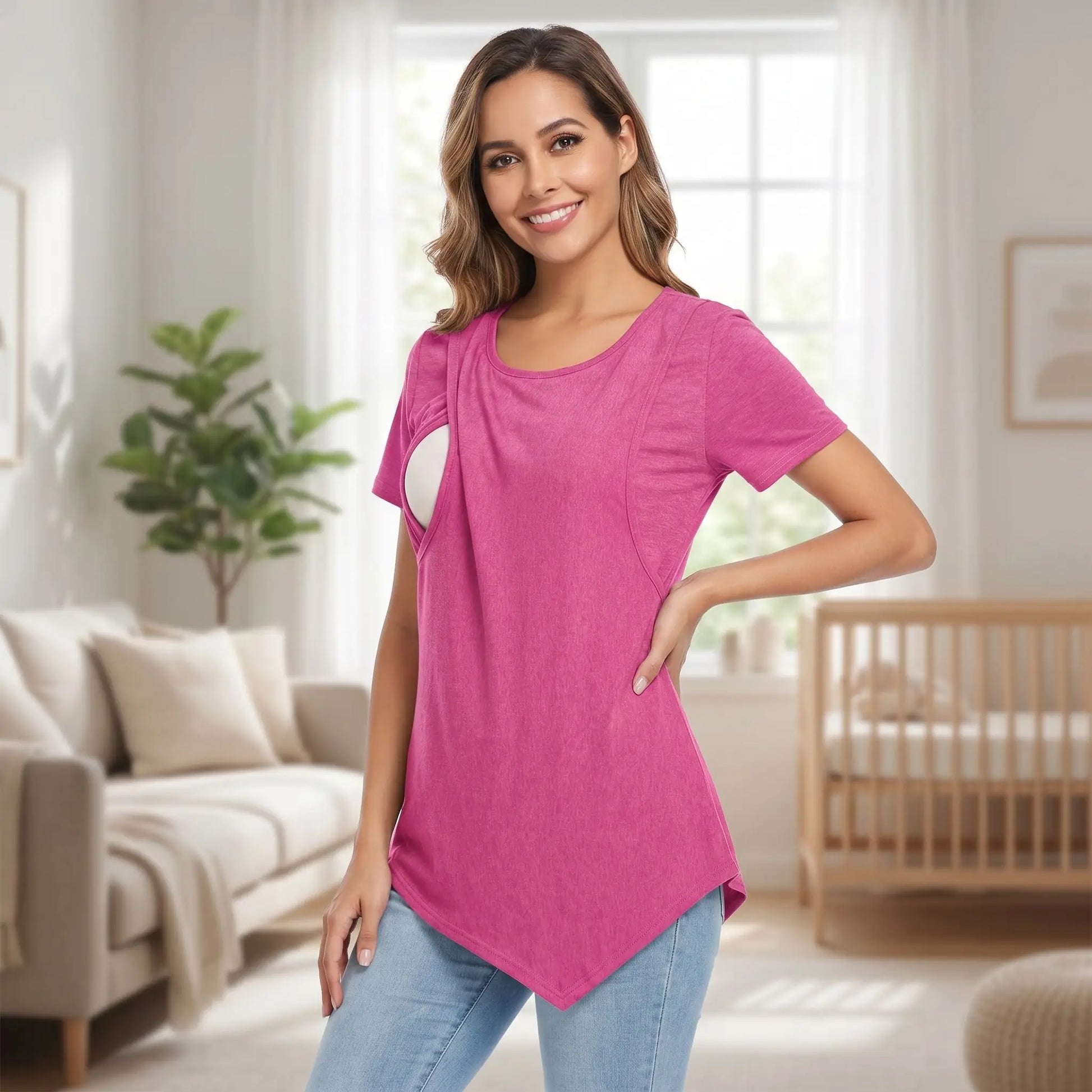 jeune maman t-shirt allaitement rose chambre bebe