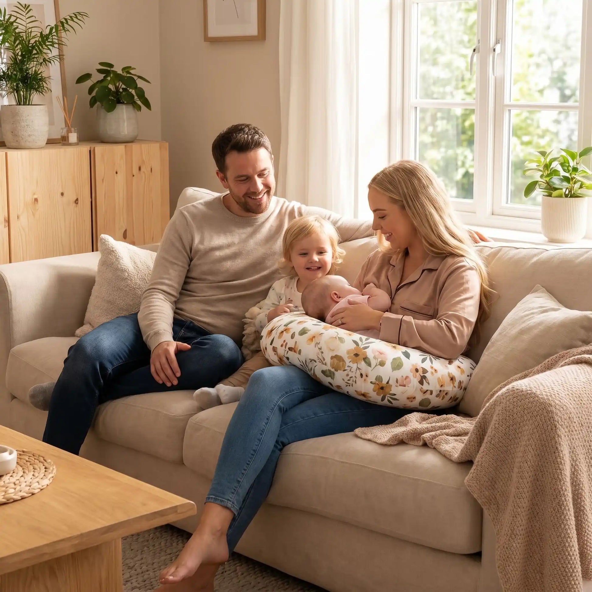 maman bebe coussin d'allaitement papa fille salon