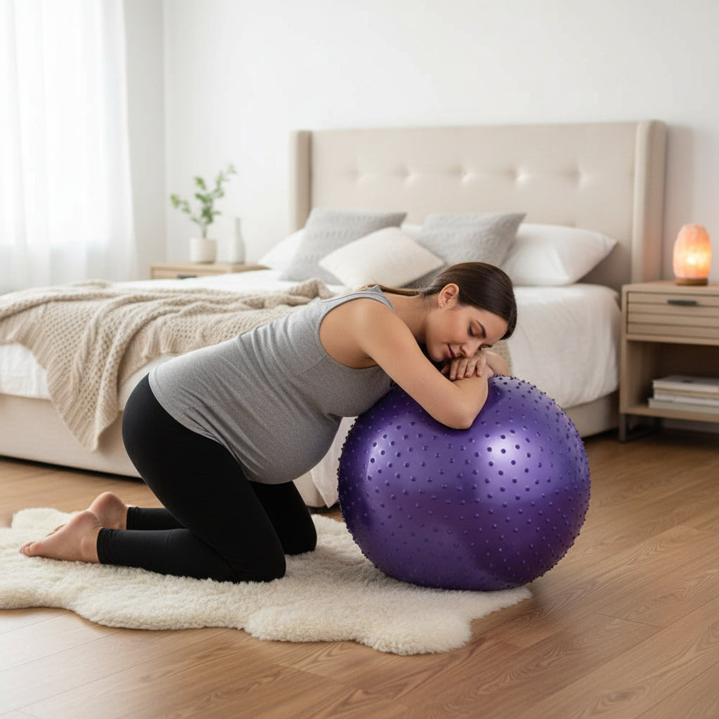 maman-enceinte-appuyant-ballon-de-grossesse-violet-chambre