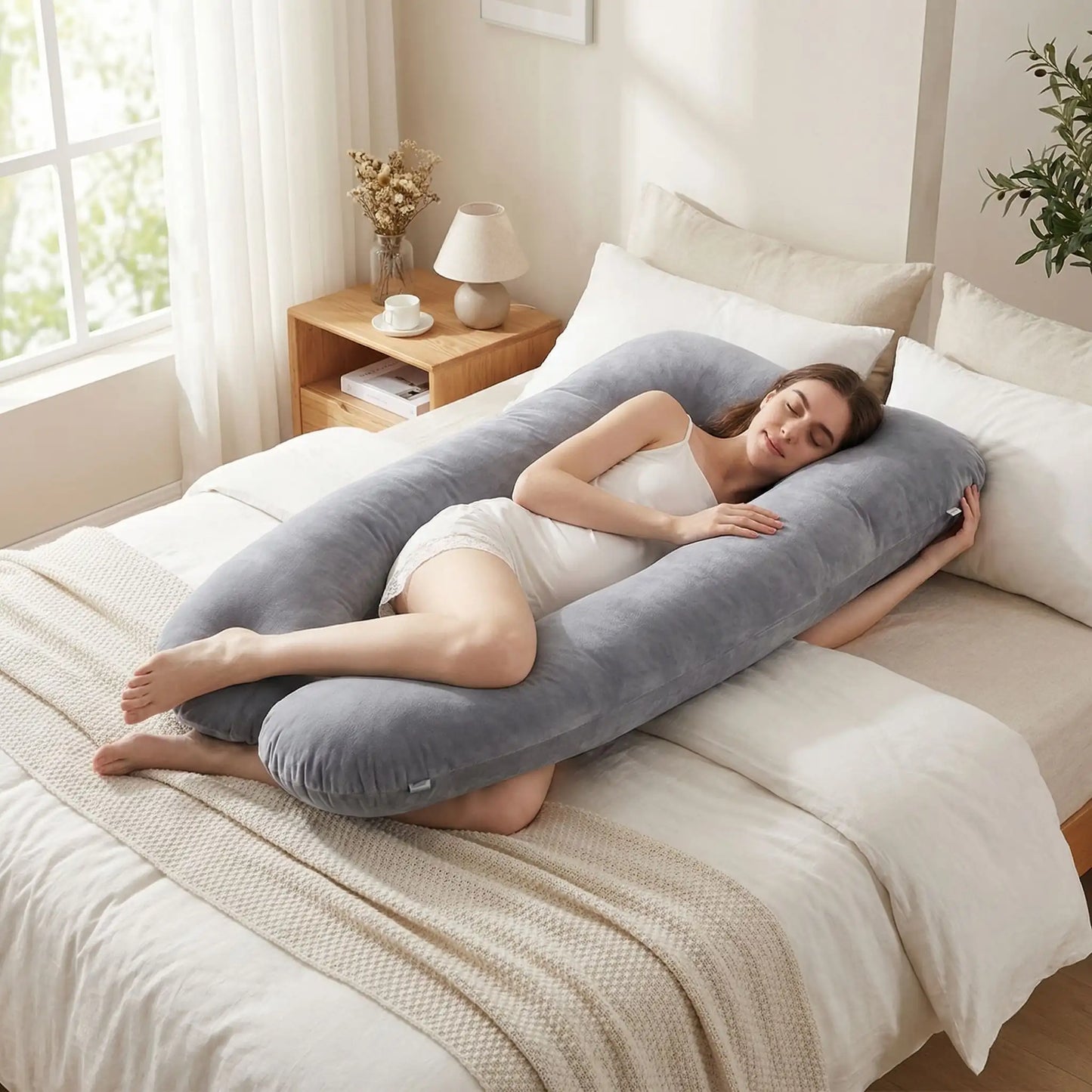 maman enceinte dort chambre lit coussin de grossesse gris