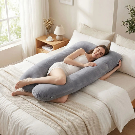 maman enceinte dort chambre lit coussin de grossesse gris