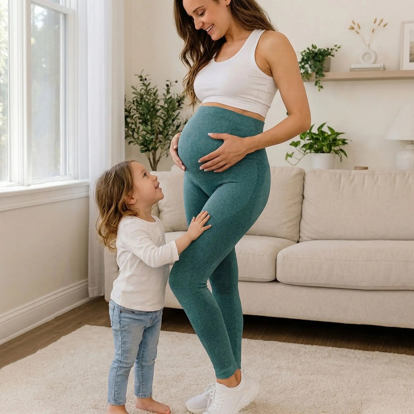 maman enceinte petite fille legging grossesse vert fonce