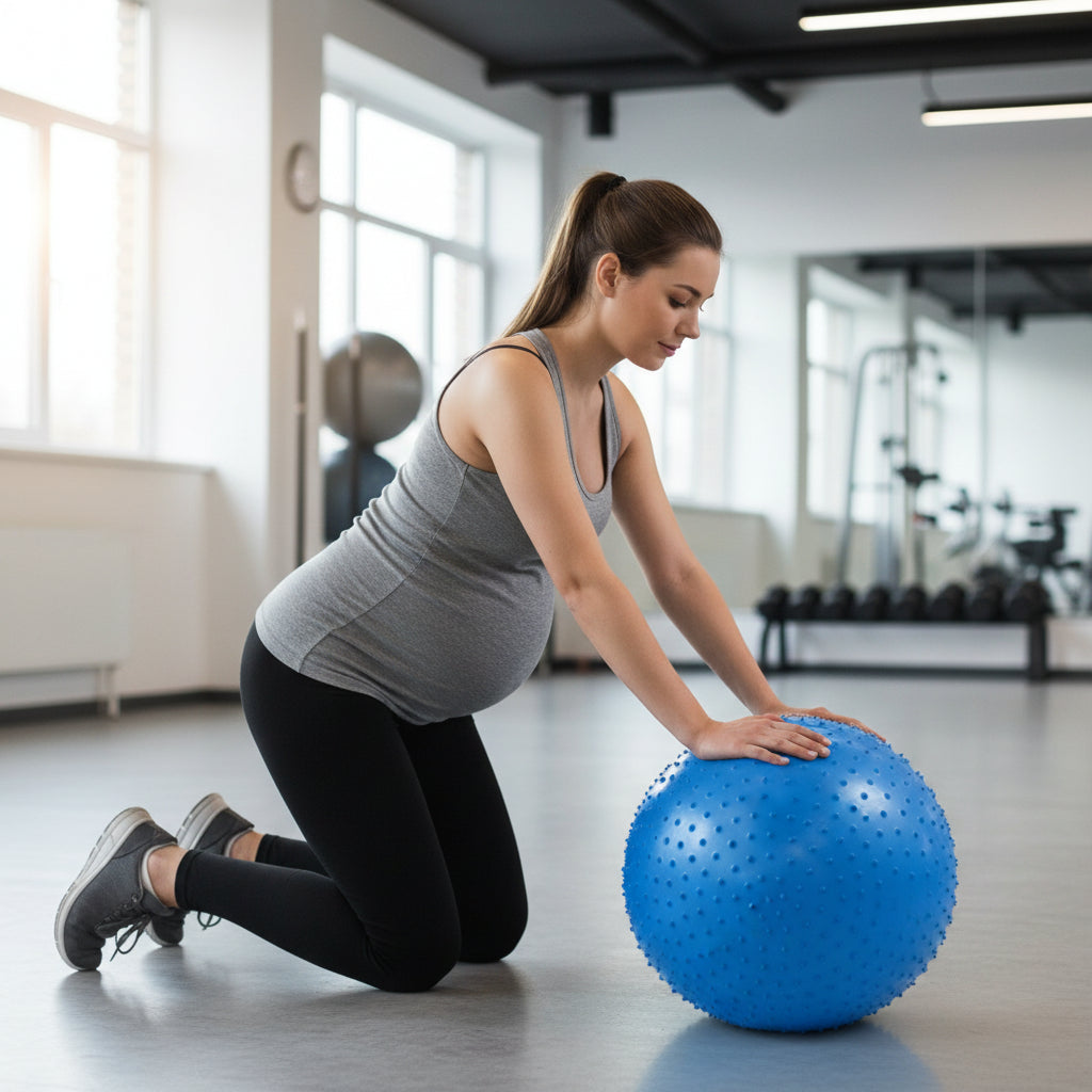 maman enceinte posant ses genoux sur le ballon de grossesse bleu pointille dans salle de sport