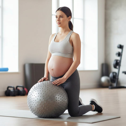 maman enceinte posant ses genoux sur le ballon de grossesse gris pointille dans salle de sport