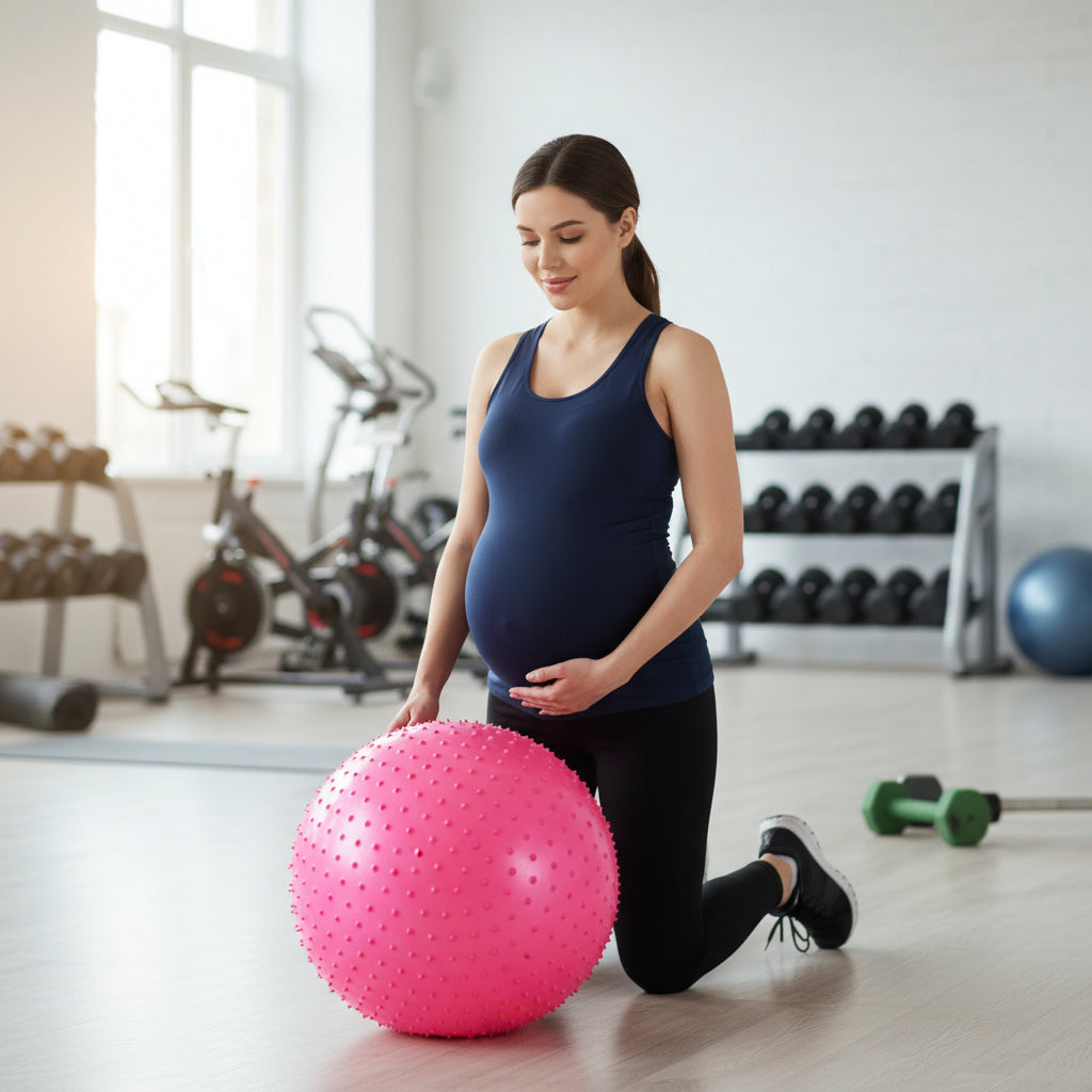 maman enceinte posant ses genoux sur le ballon de grossesse rose pointille dans salle de sport