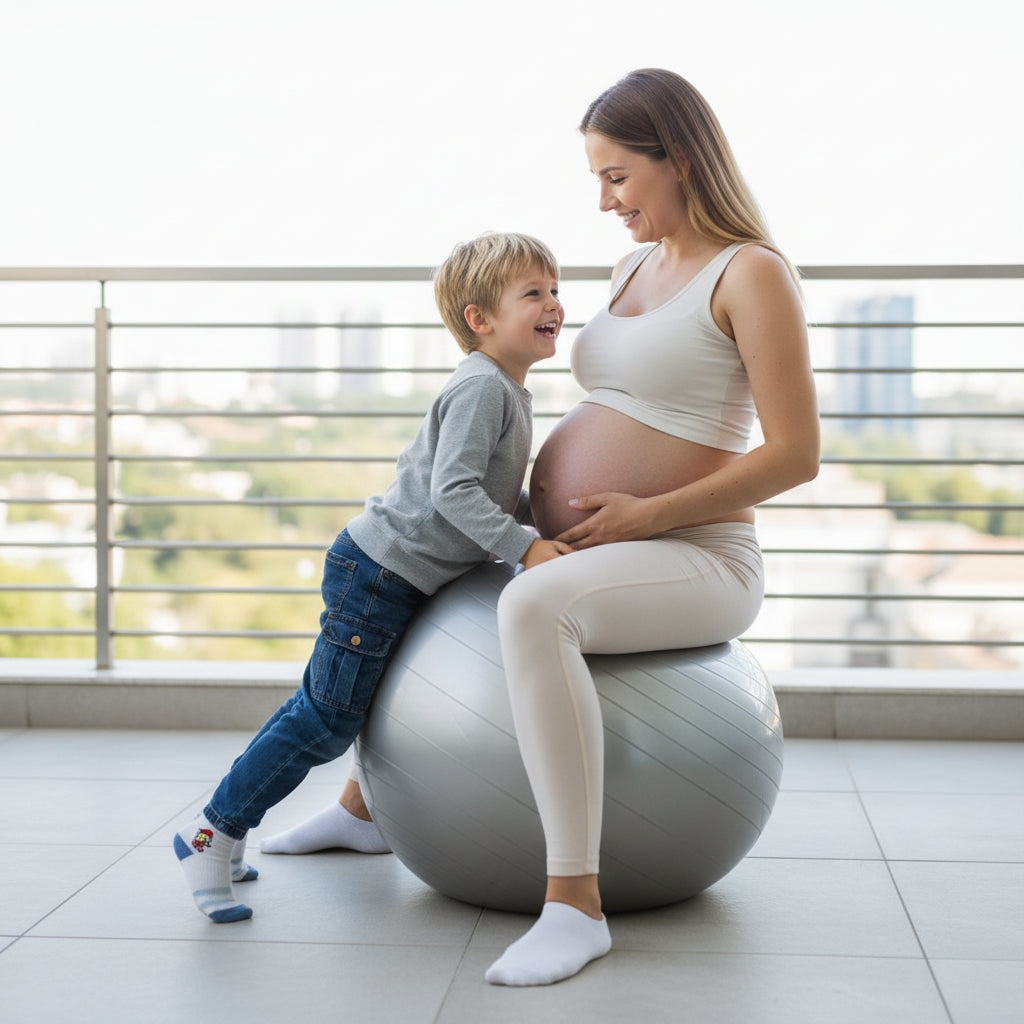 maman faisant sport ballon pour grossesse gris enfant garcon