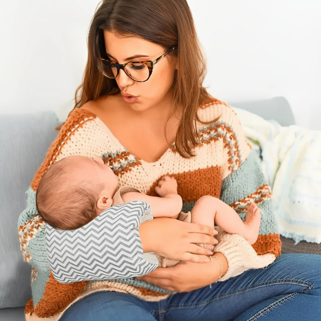 maman regarde bebe coussin d'allaitement