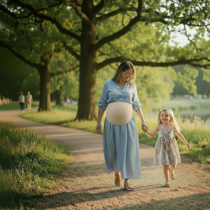 maman sorti avec sa fille parc ceinture grossesse beige