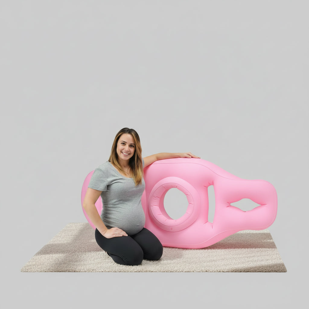 maman tient coussin de grossesse goflable rose