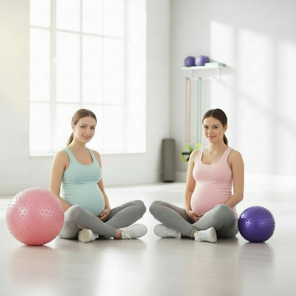 maman enceinte a cote ballon de grossesse violet et rose pointille dans salle de sport