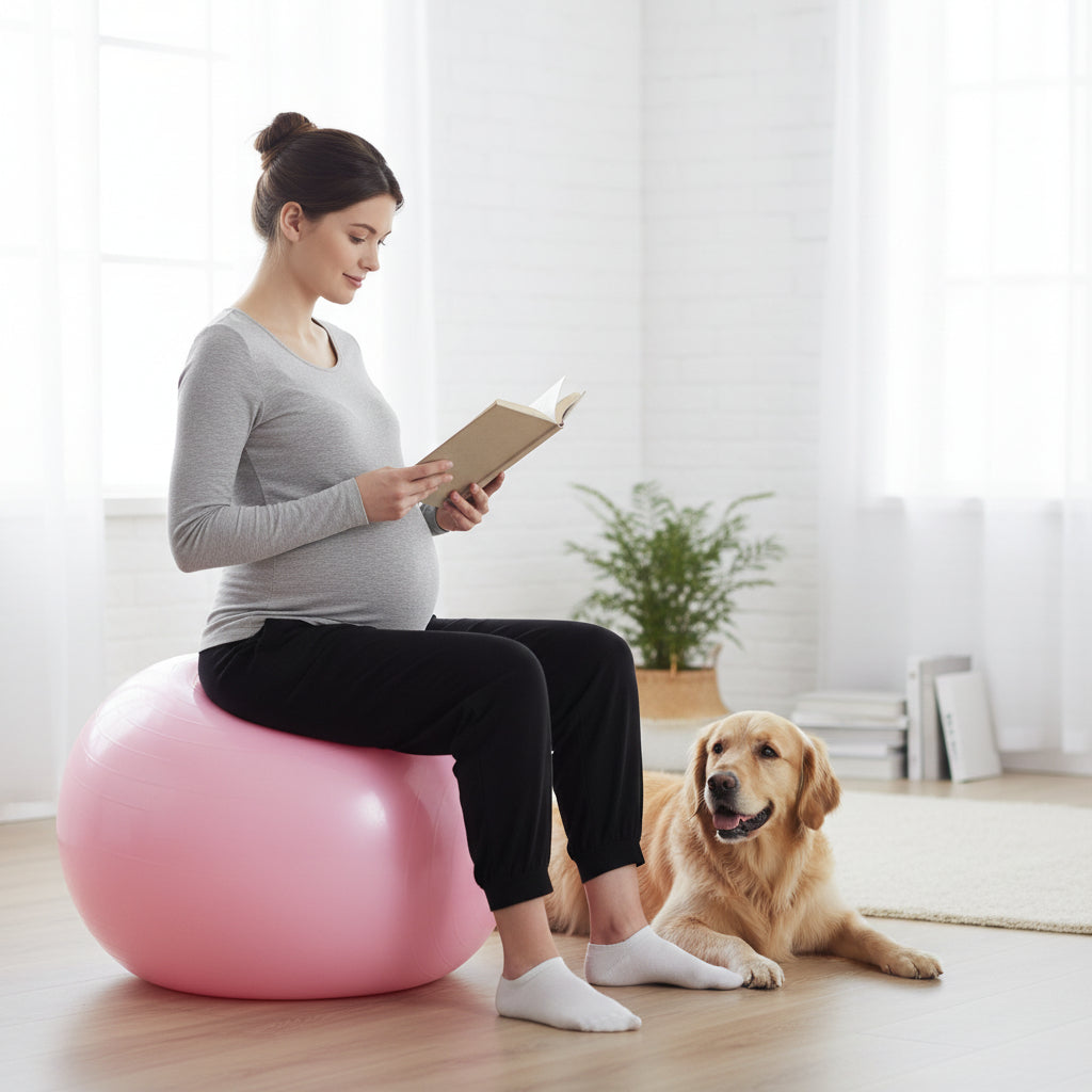 mere detendu lisant livre avec son chien a cote sur un ballon pour grossesse rose pvc
