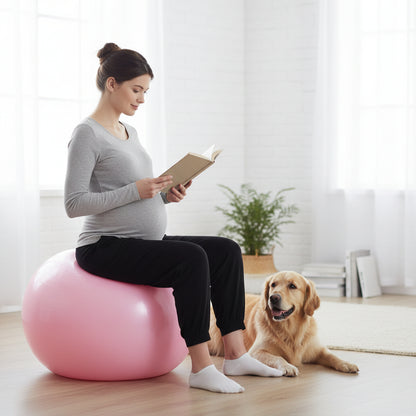 mere detendu lisant livre avec son chien a cote sur un ballon pour grossesse rose pvc