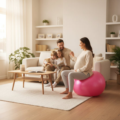 mere enceine detendu ballon pour grossesse pvc rose dans son salon