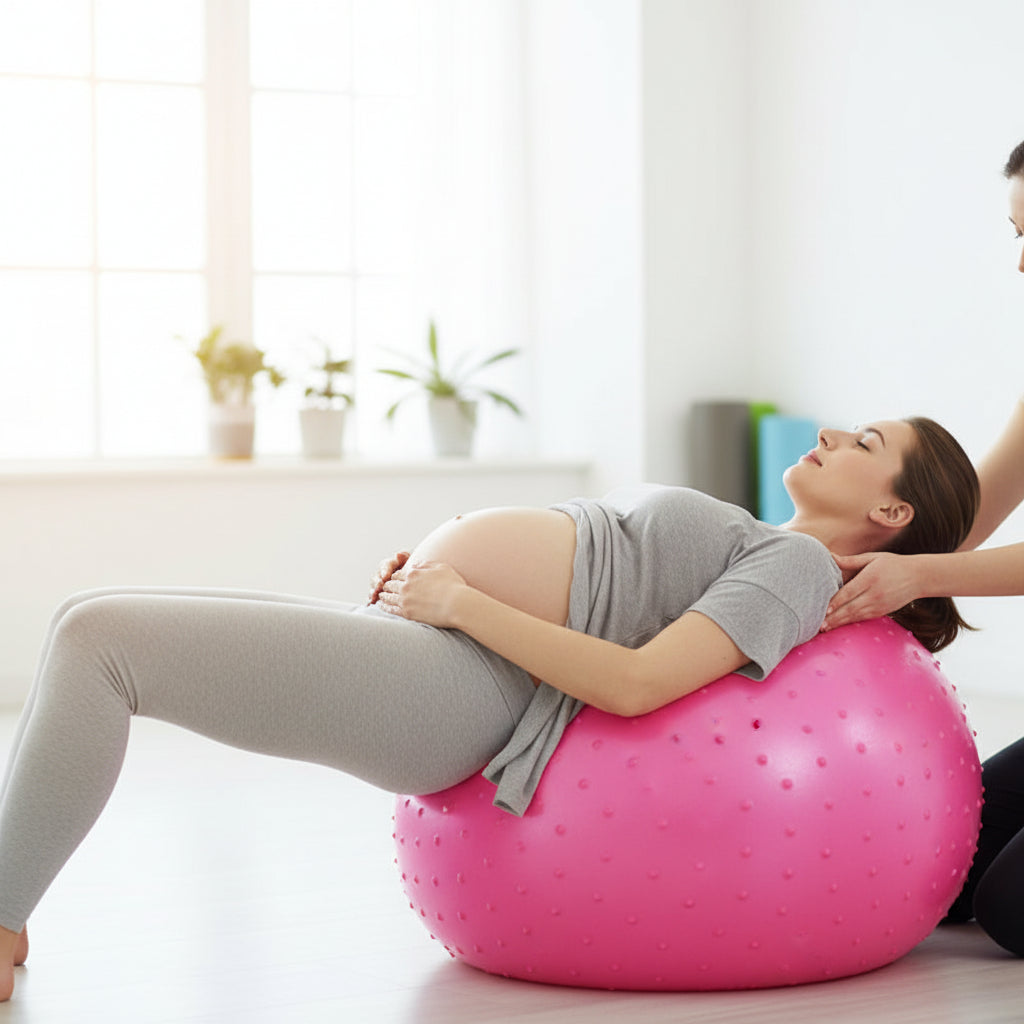 mere enceinte couchee ballon grossesse rose sur le dos pour massage