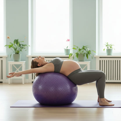 mere enceinte couchee ballon grossesse violet sur le dos pour massage