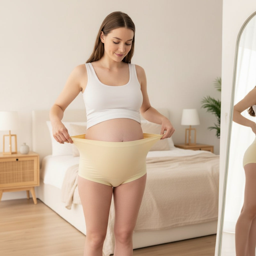 mere enceinte dans une chambre portant culotte grossesse main tirant la cullote