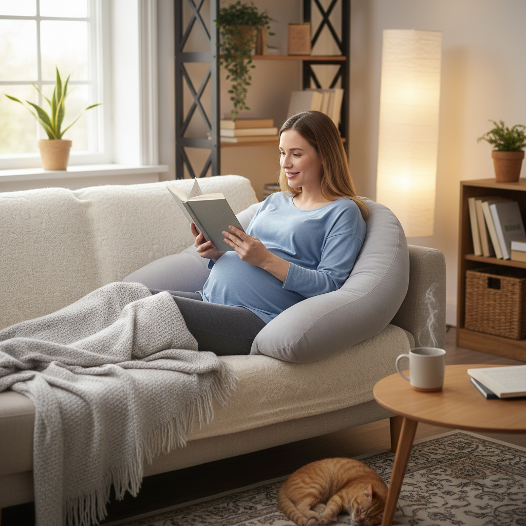 mere enceinte de six mois lisant livre sur son divant assisse sur coussin de grossesse gris