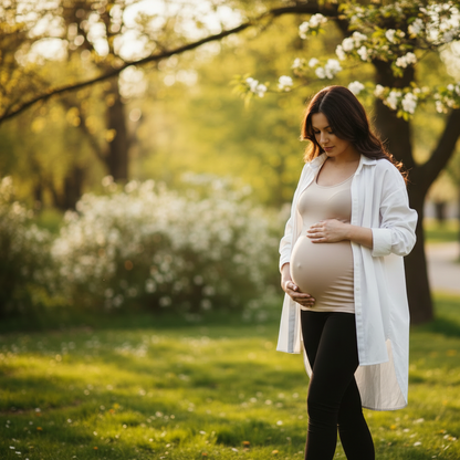 mere enceinte elegante en sorti portant un leggings avec chemise