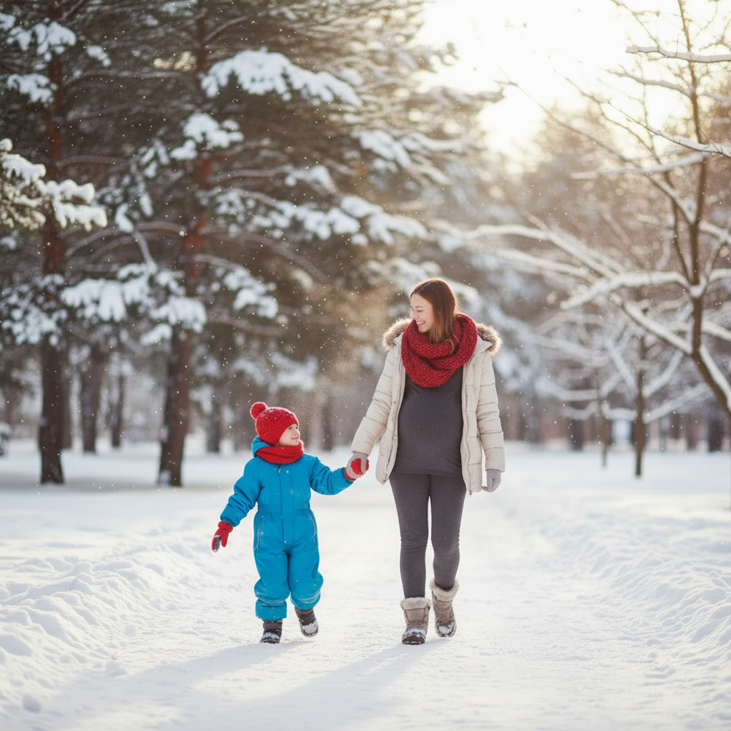 mere enceinte habille en legging sorti en hivers pour une balade avec un enfant de 4 ans