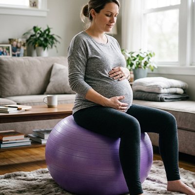 Mere enceinte mains sur ventre assise ballon de grossesse​ 