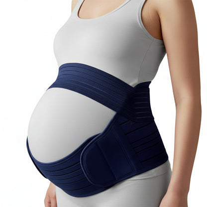 mere enceinte portant ceinture pour grossesse bleu marine