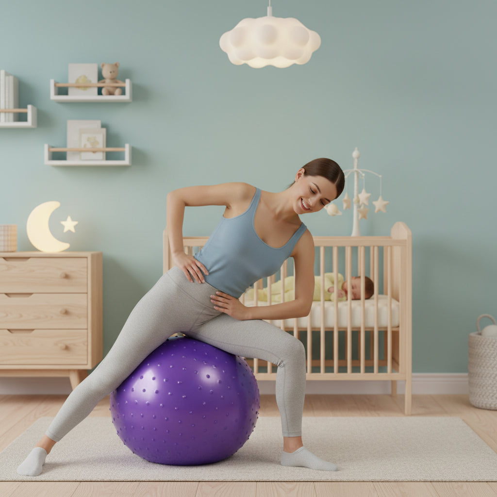 nouvelle mere faisant exercice de recuperation ballon grossesse violet chambre bebe trois mois berceau
