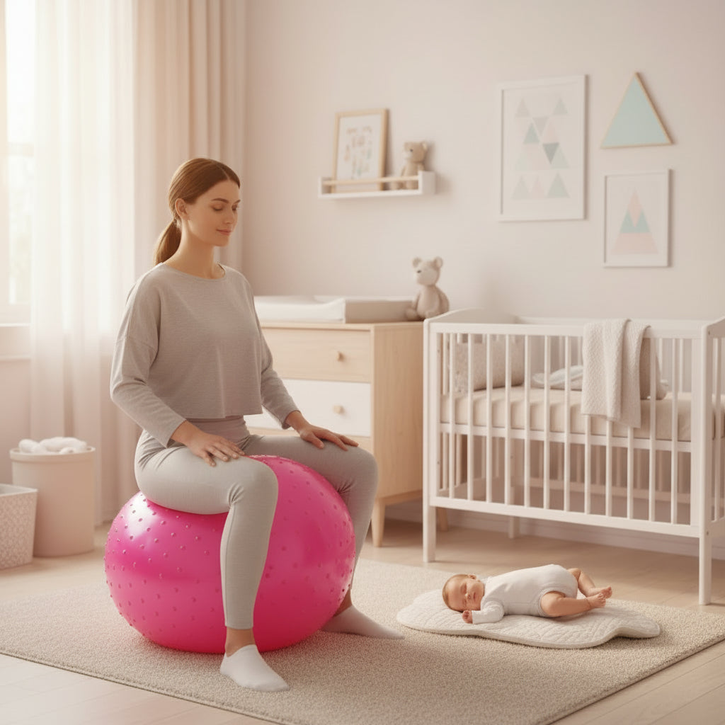nouvelle mere faisant exercice de recuperation ballon grossesse rose chambre bebe trois mois berceau